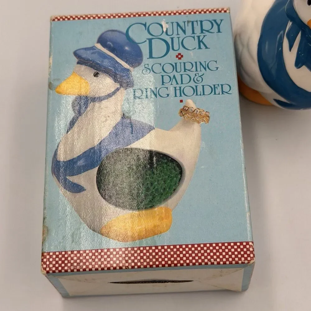 Vintage Country Duck Goose Scouring Pad Sponge Holder Ceramic w/ Box Taiwan